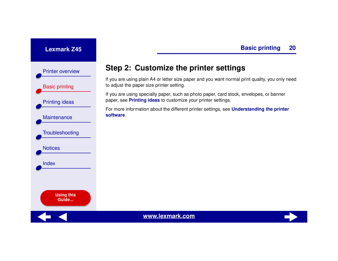 Lexmark Z45 manual Customize the printer settings 