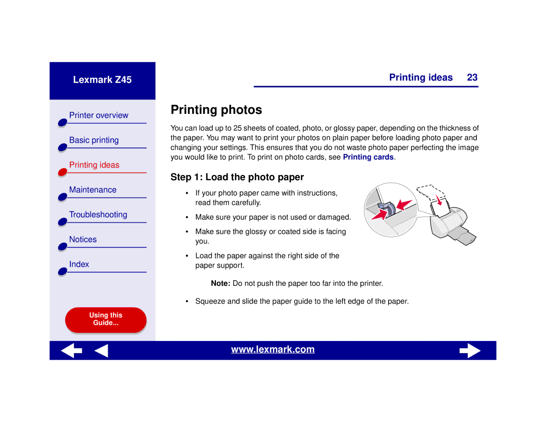 Lexmark Z45 manual Printing photos, Load the photo paper 