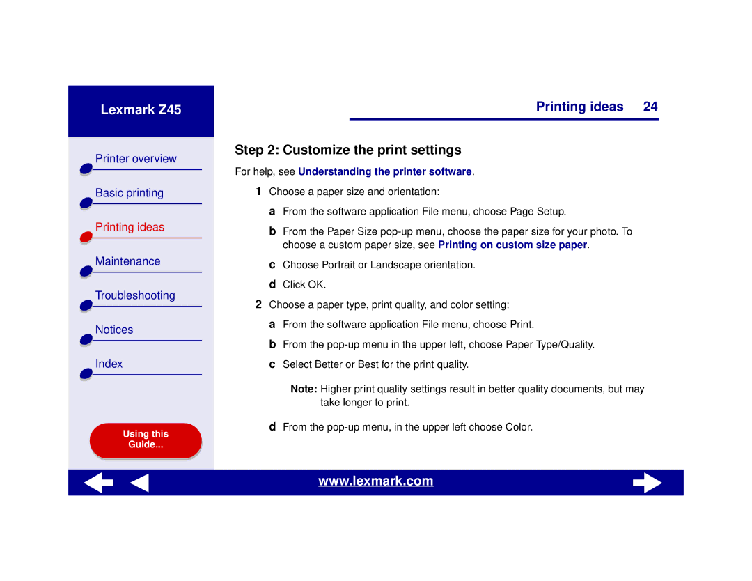 Lexmark Z45 manual Customize the print settings, For help, see Understanding the printer software 