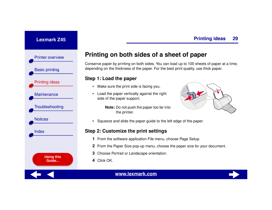 Lexmark Z45 manual Printing on both sides of a sheet of paper, Load the paper 