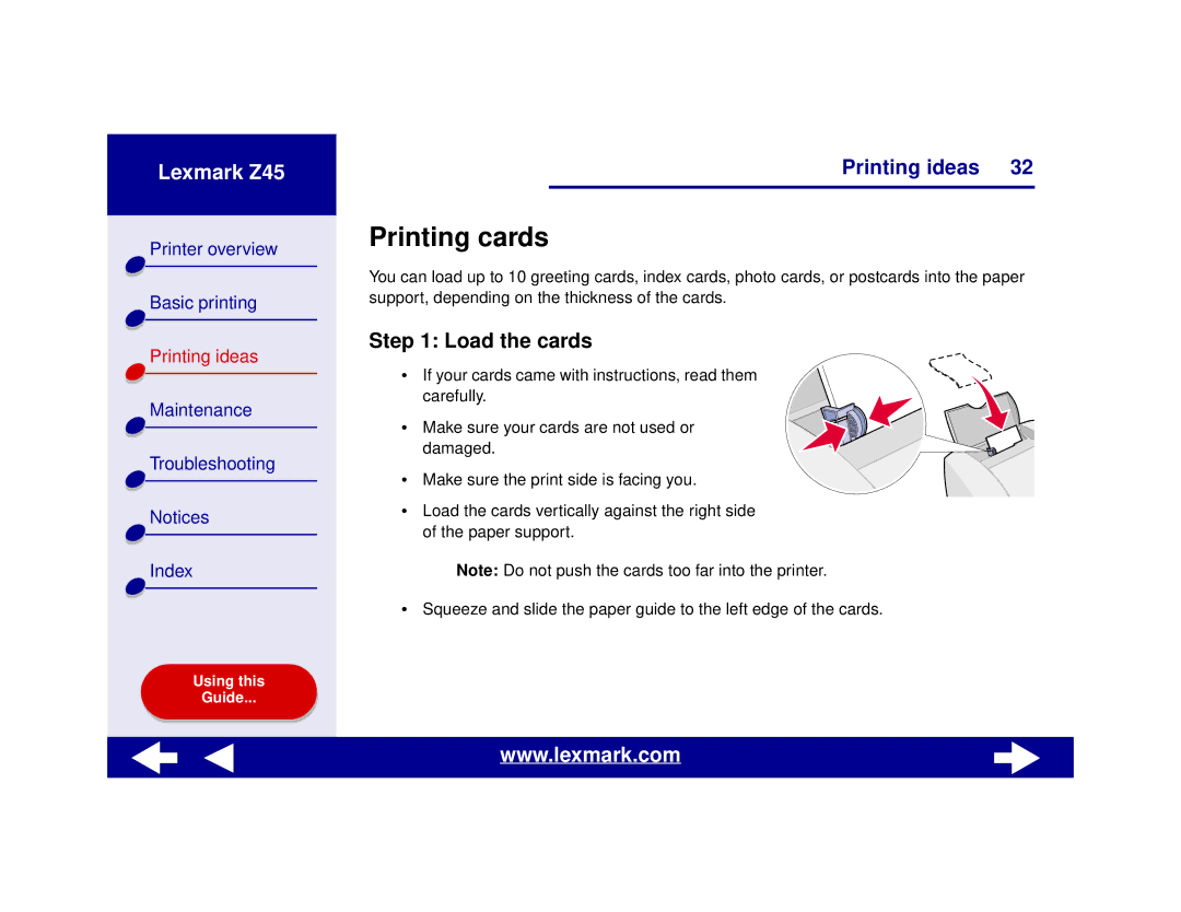 Lexmark Z45 manual Printing cards, Load the cards 