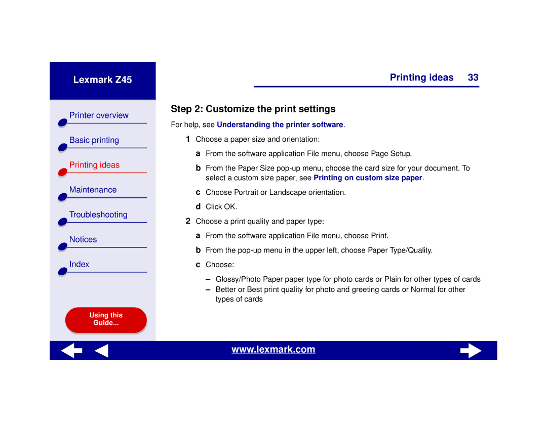 Lexmark Z45 manual Customize the print settings 