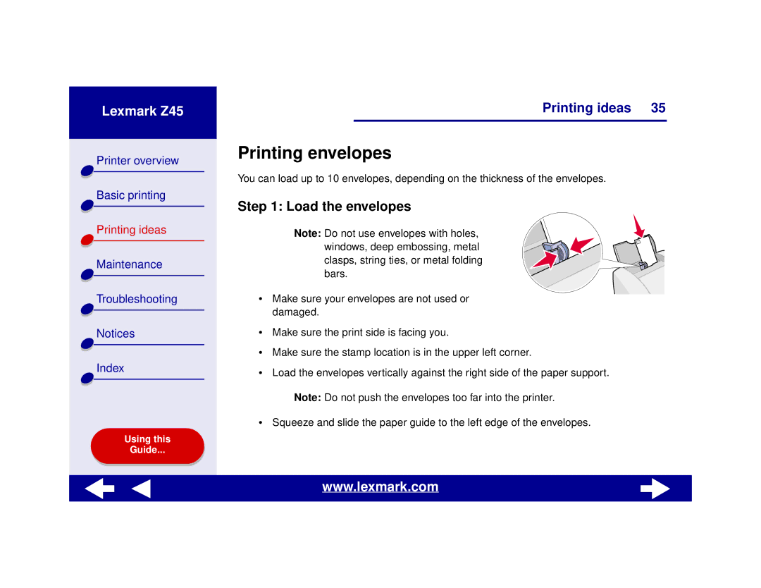 Lexmark Z45 manual Printing envelopes, Load the envelopes 