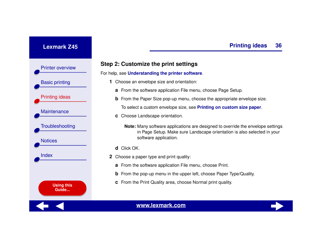 Lexmark Z45 manual Customize the print settings 