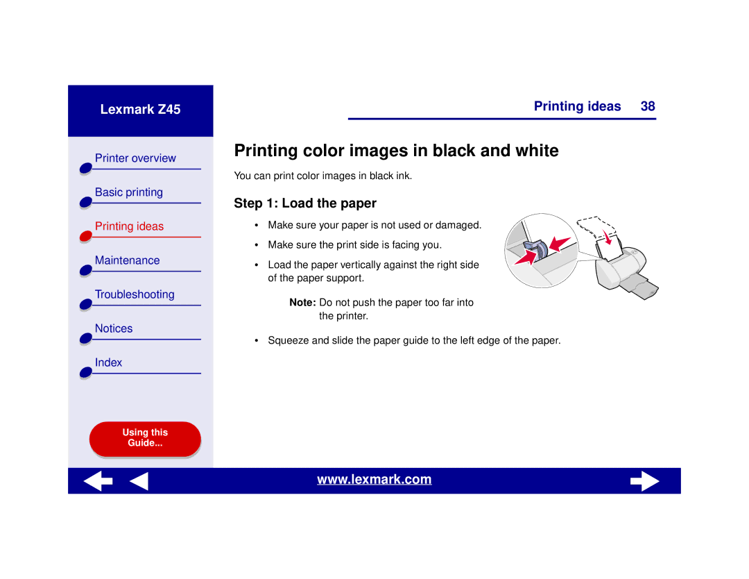 Lexmark Z45 manual Printing color images in black and white, Load the paper 