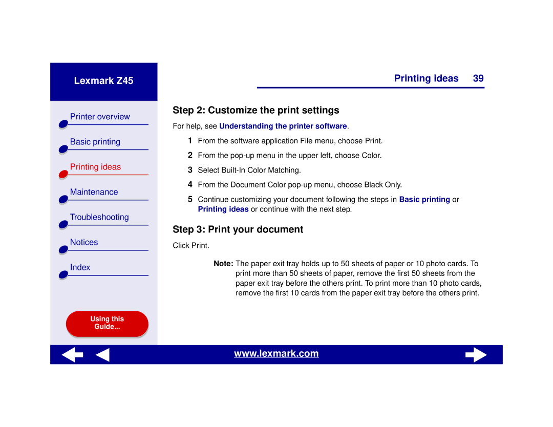 Lexmark Z45 manual Customize the print settings 