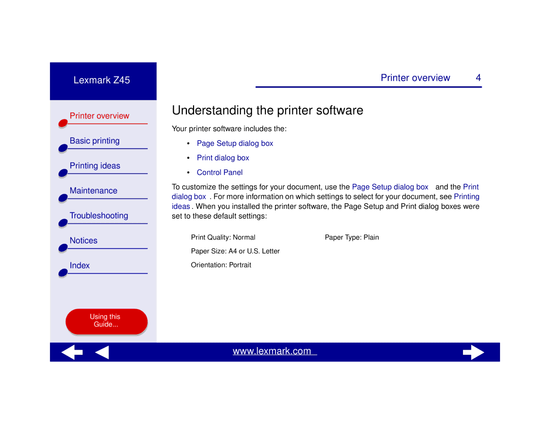 Lexmark Z45 manual Understanding the printer software, Setup dialog box Print dialog box Control Panel 