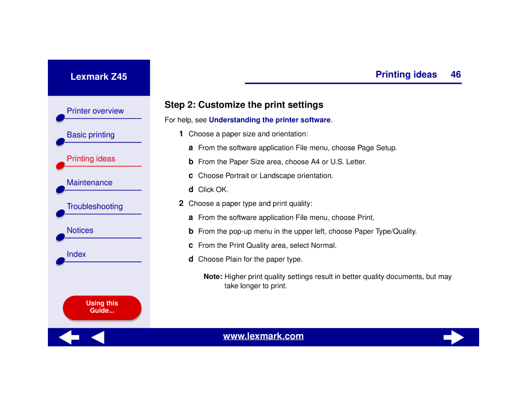 Lexmark Z45 manual Customize the print settings 