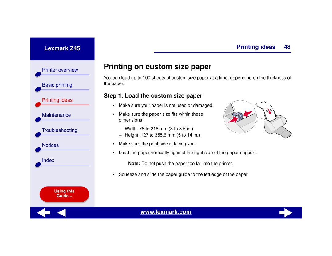 Lexmark Z45 manual Printing on custom size paper, Load the custom size paper 