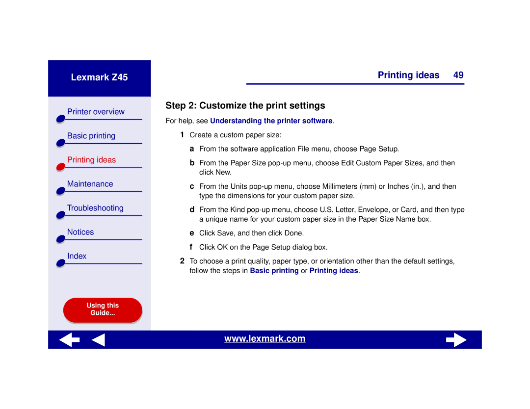 Lexmark Z45 manual Customize the print settings 