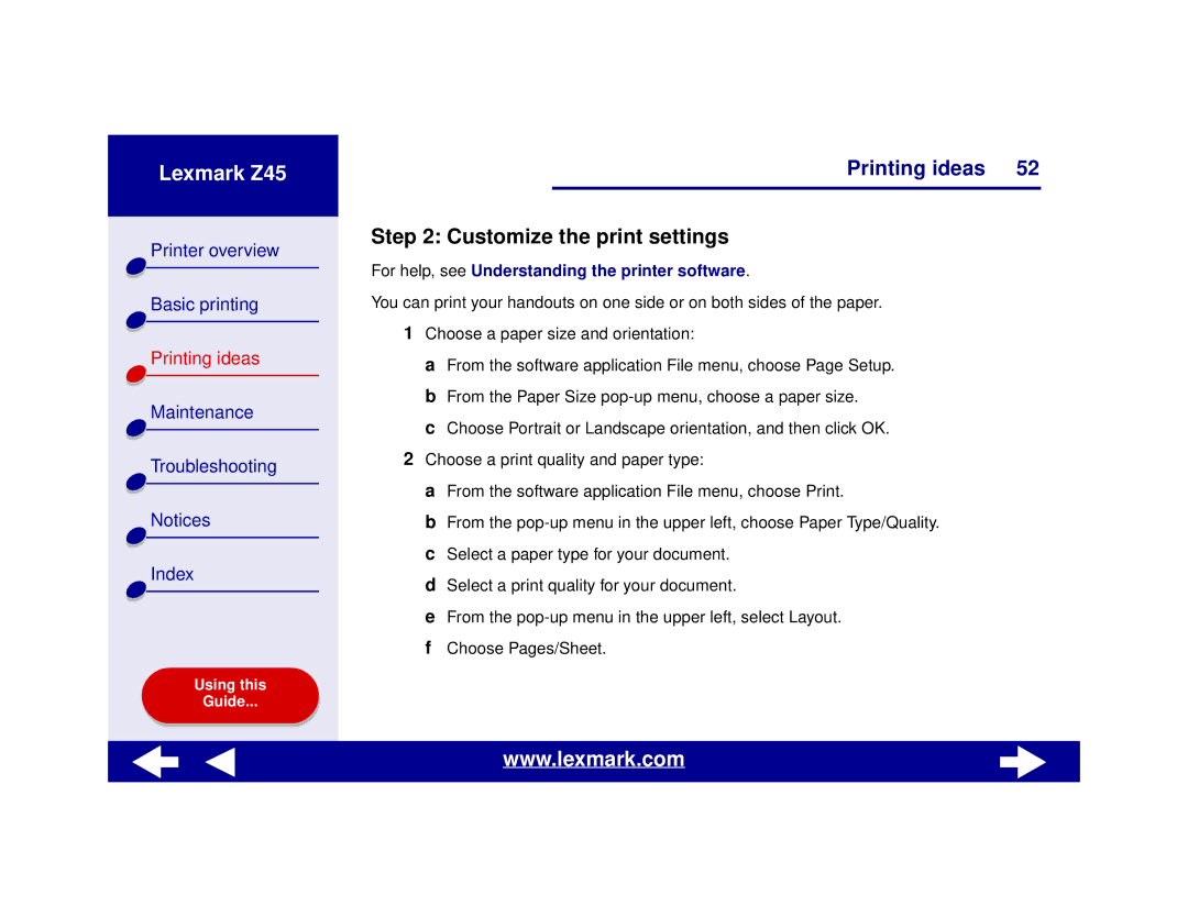 Lexmark Z45 manual Customize the print settings 