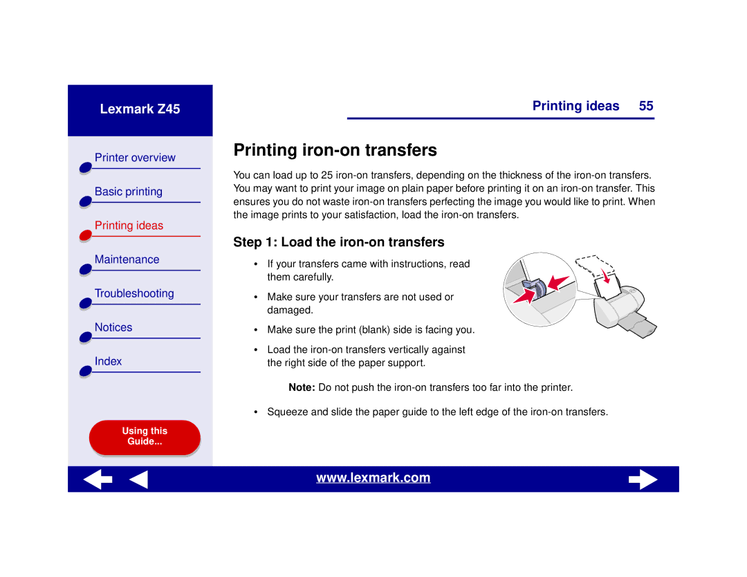 Lexmark Z45 manual Printing iron-on transfers, Load the iron-on transfers 