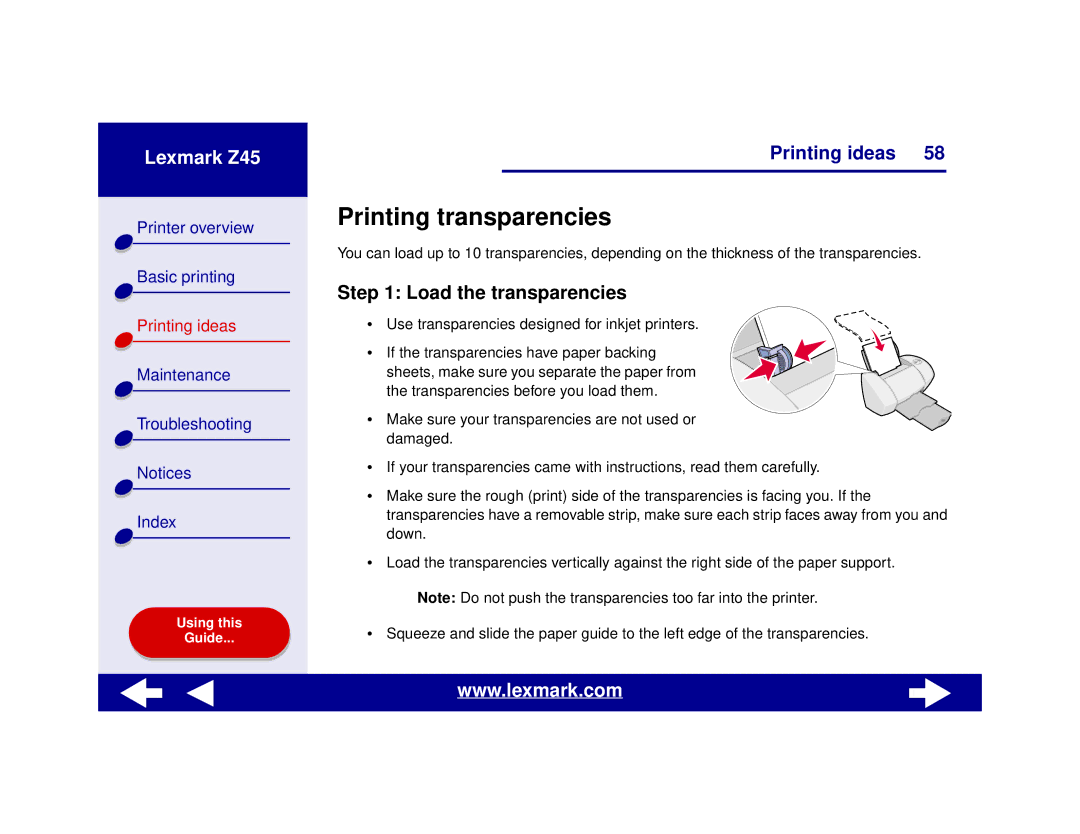 Lexmark Z45 manual Printing transparencies, Load the transparencies 