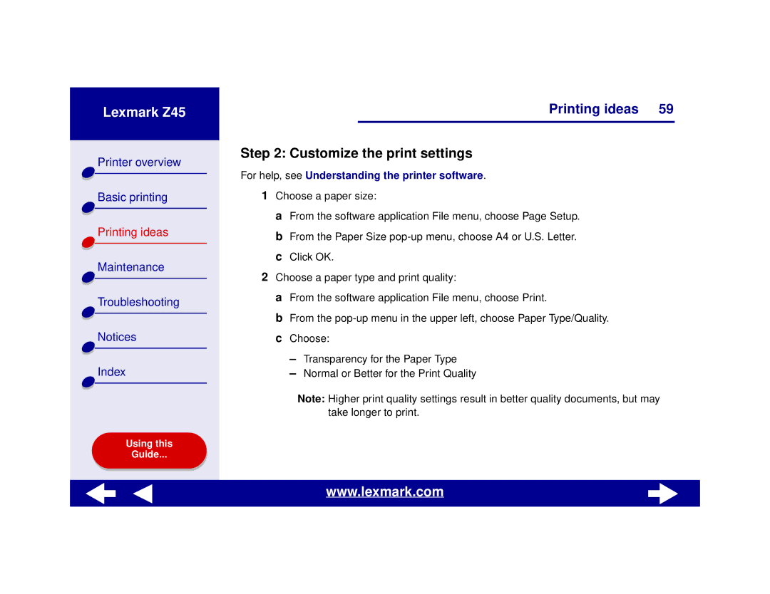 Lexmark Z45 manual Customize the print settings 