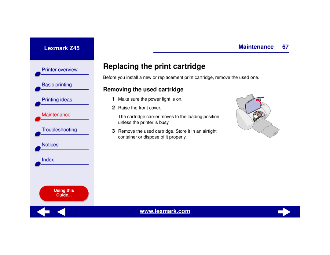 Lexmark Z45 manual Replacing the print cartridge, Removing the used cartridge 