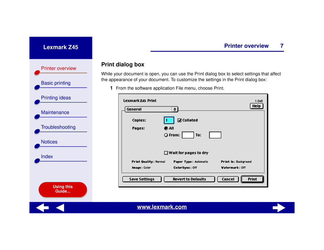 Lexmark Z45 manual Print dialog box 