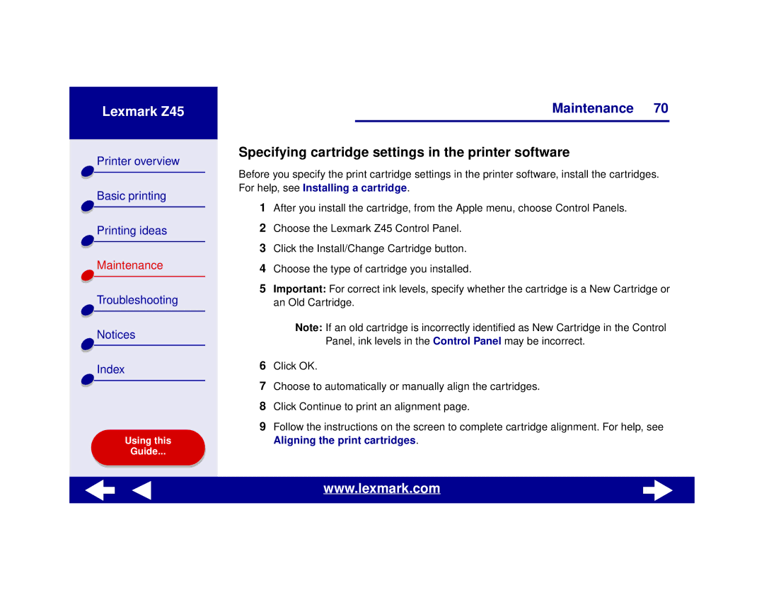 Lexmark Z45 manual Specifying cartridge settings in the printer software 