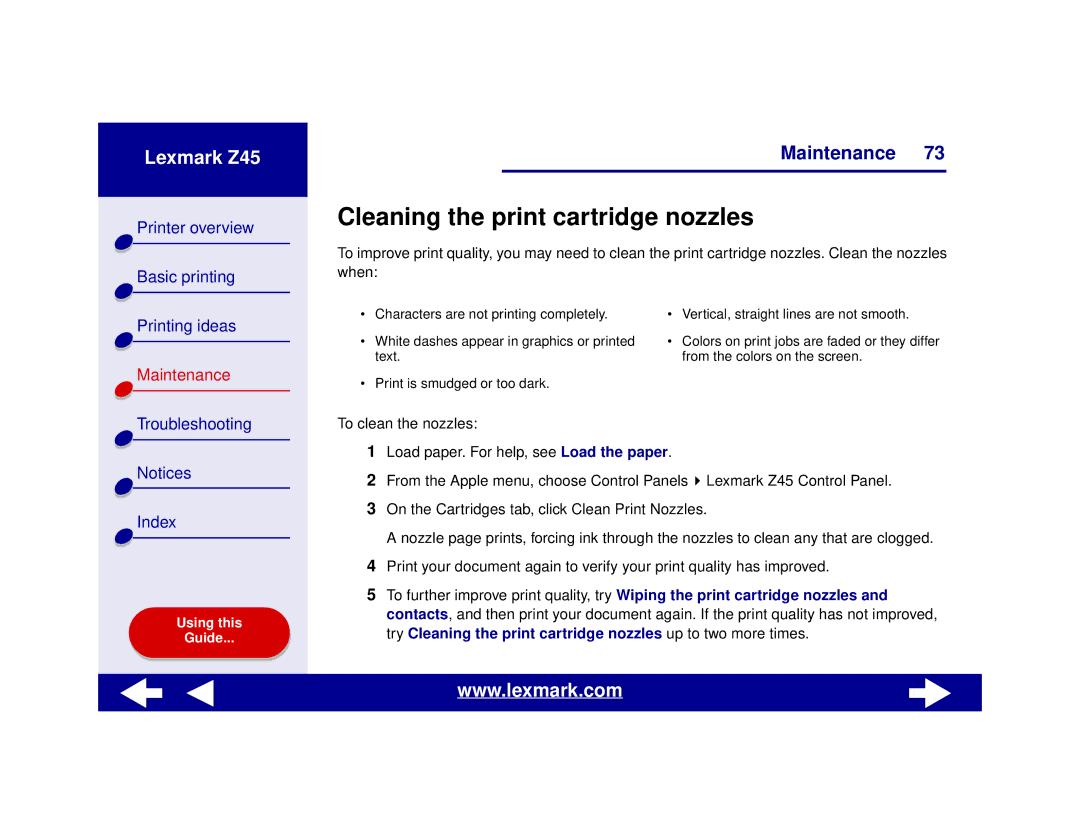 Lexmark Z45 manual Cleaning the print cartridge nozzles 