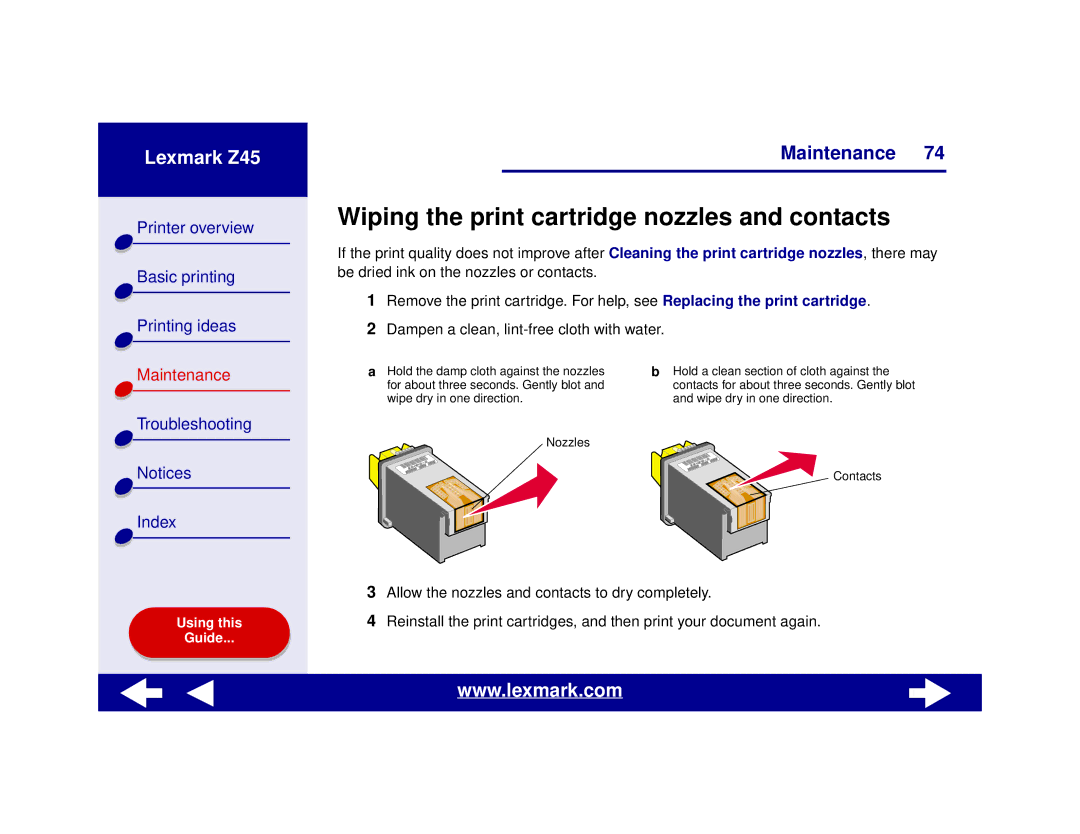 Lexmark Z45 manual Wiping the print cartridge nozzles and contacts 