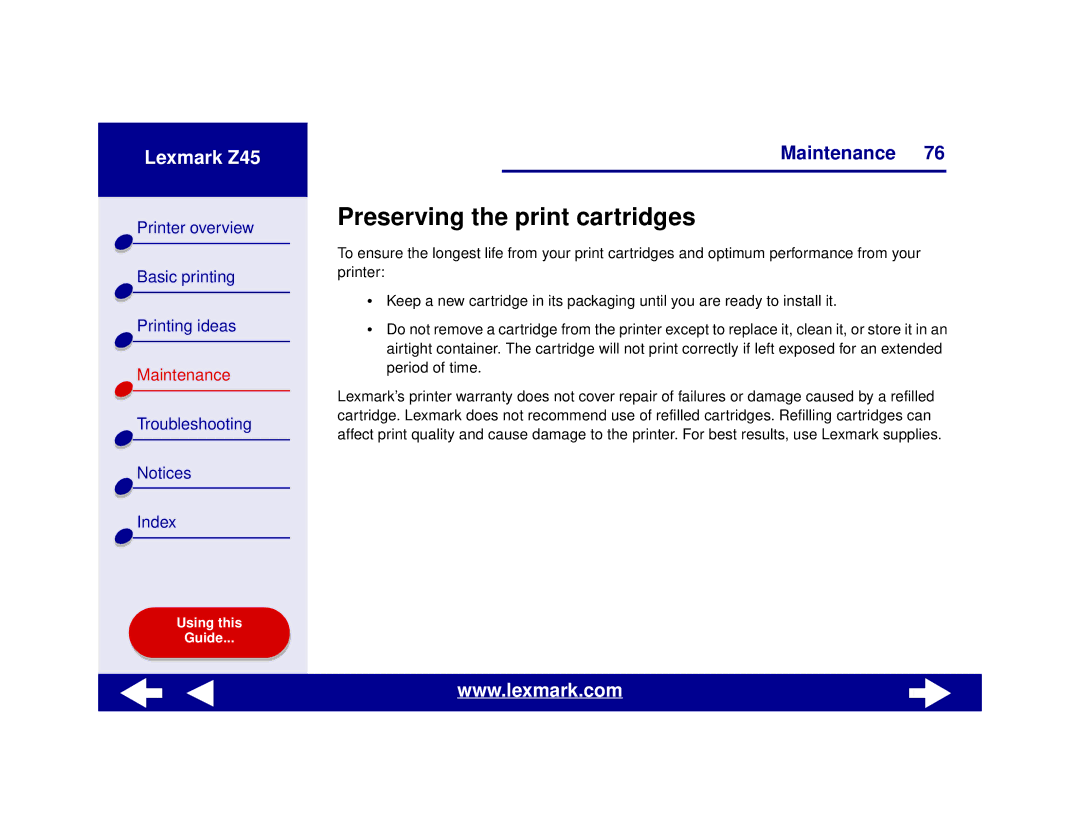 Lexmark Z45 manual Preserving the print cartridges 