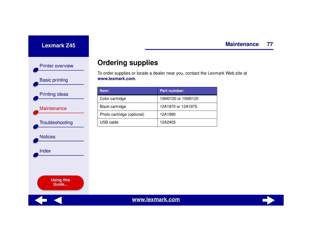 Lexmark Z45 manual Ordering supplies, Part number 