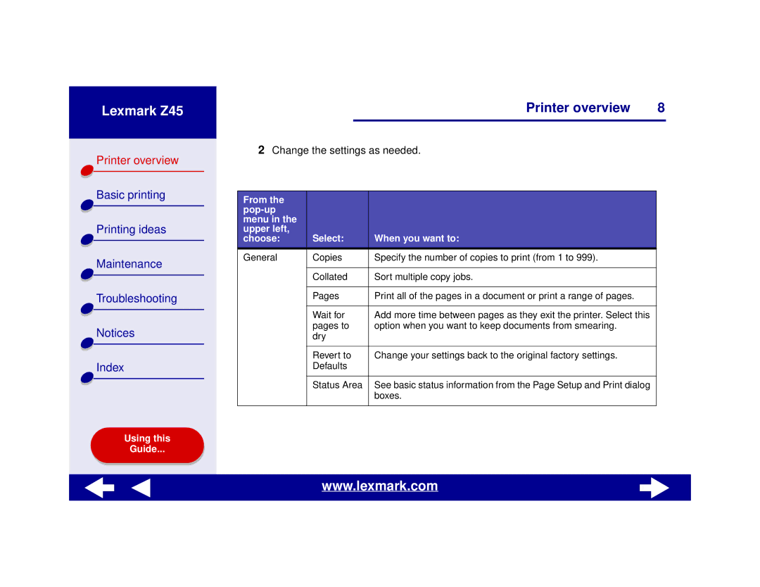 Lexmark Z45 manual From Pop-up Menu Upper left Choose Select When you want to 