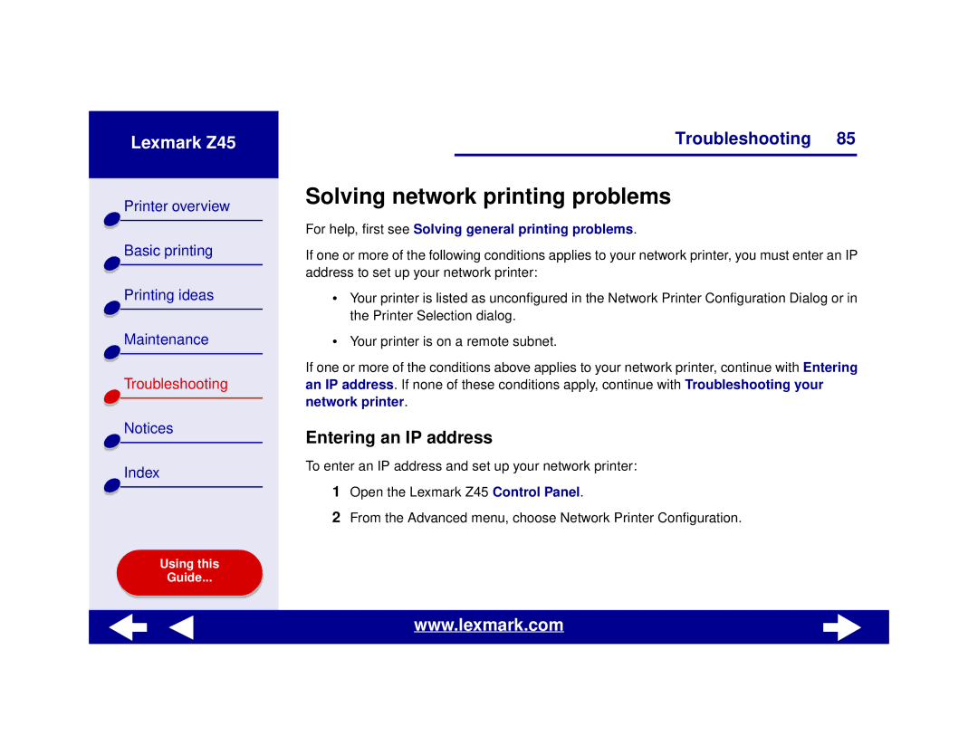 Lexmark Z45 manual Solving network printing problems, Entering an IP address 