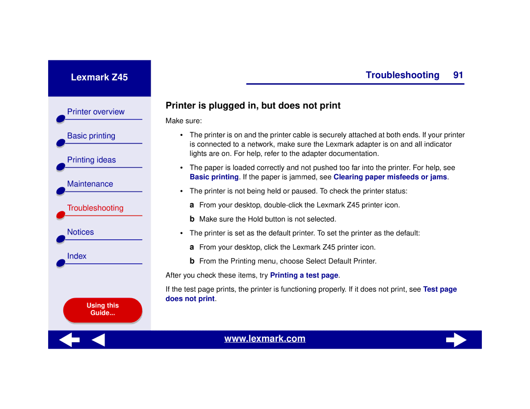 Lexmark Z45 manual Printer is plugged in, but does not print 
