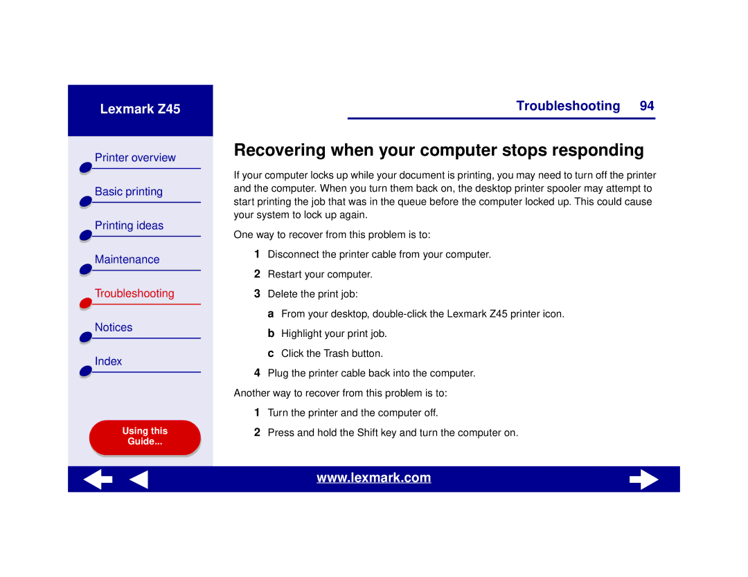 Lexmark Z45 manual Recovering when your computer stops responding 