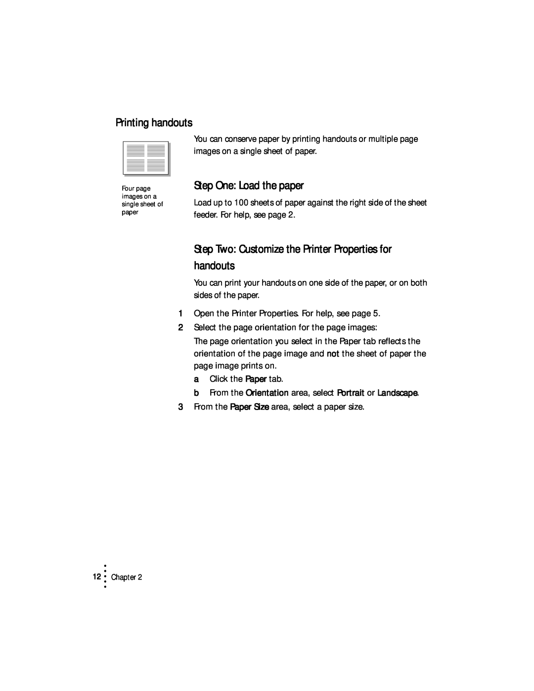 Lexmark Z53 Printing handouts, Step Two Customize the Printer Properties for handouts, Step One Load the paper, Chapter 