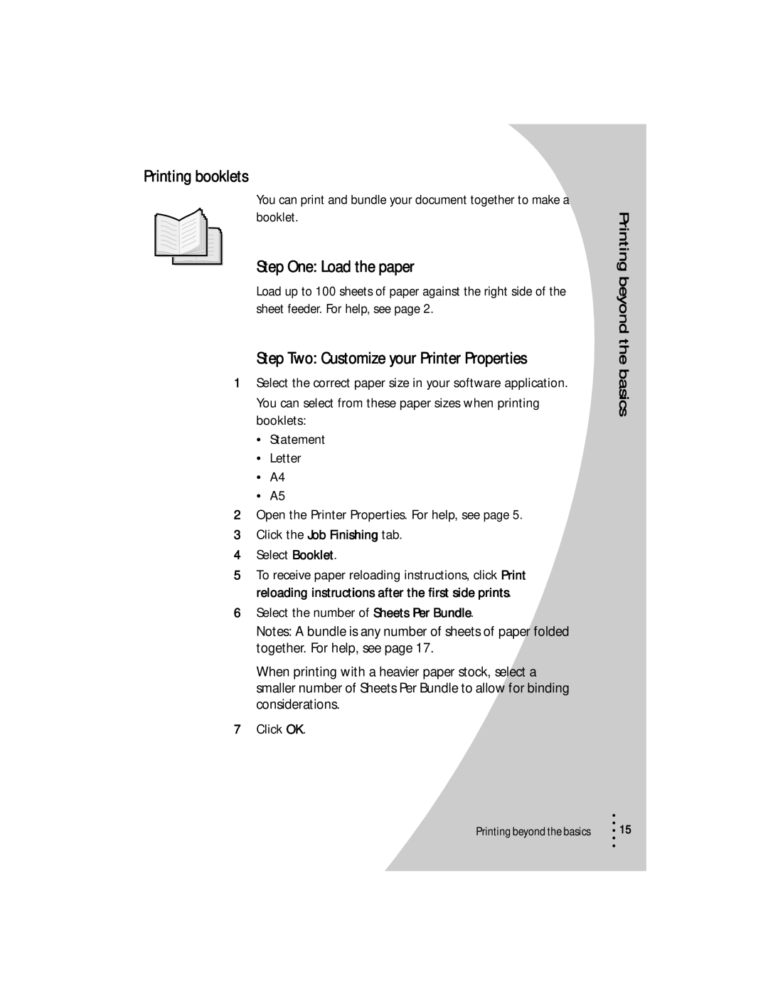 Lexmark Z53 manual Printing booklets, Select the number of Sheets Per Bundle 