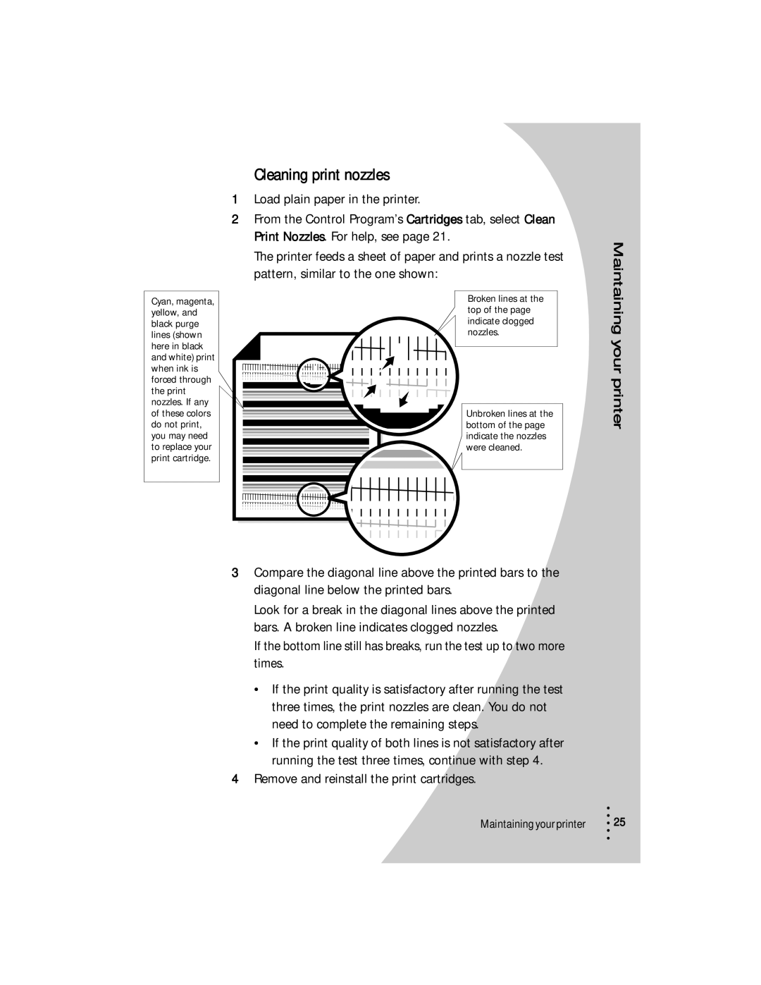 Lexmark Z53 manual Cleaning print nozzles, Load plain paper in the printer, Remove and reinstall the print cartridges 