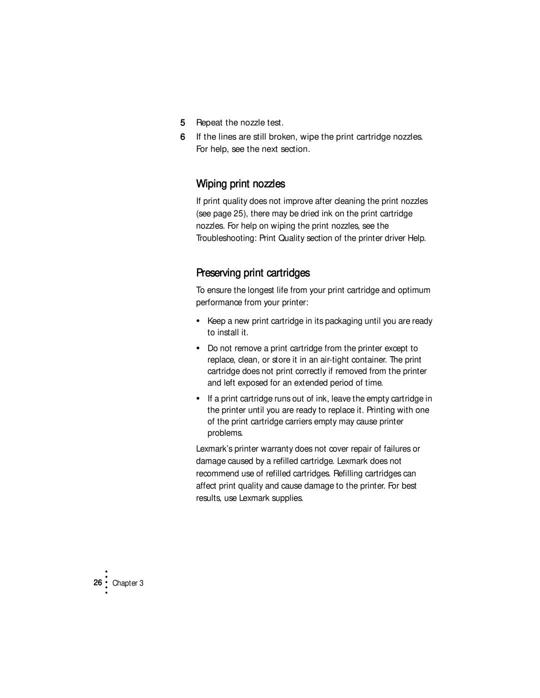 Lexmark Z53 manual Wiping print nozzles, Preserving print cartridges 