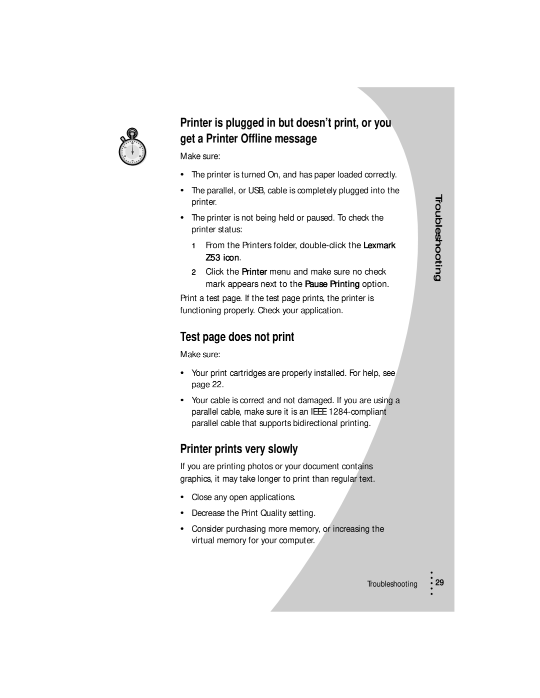 Lexmark Z53 manual Test page does not print, Printer prints very slowly 