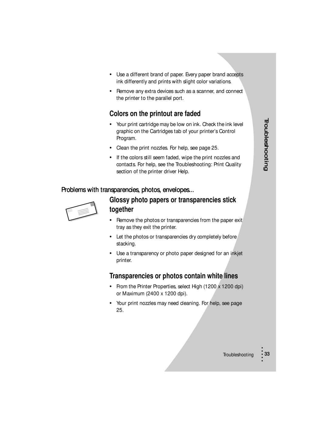 Lexmark Z53 manual Problems with transparencies, photos, envelopes, Colors on the printout are faded 