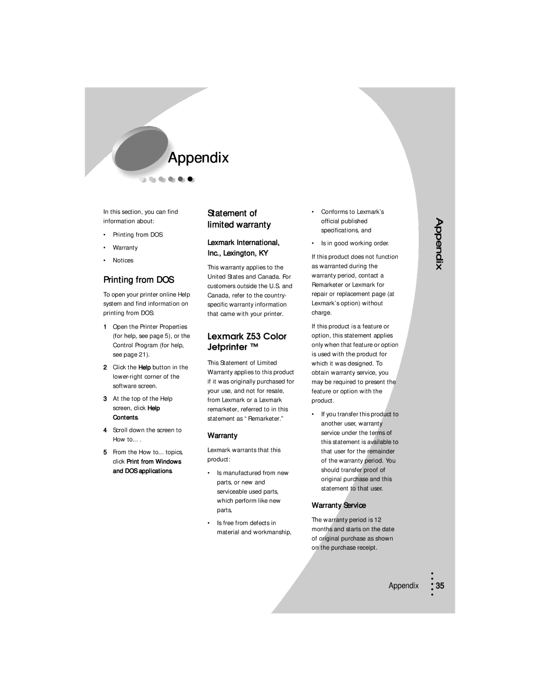 Lexmark Z53 manual Appendix, Printing from DOS 