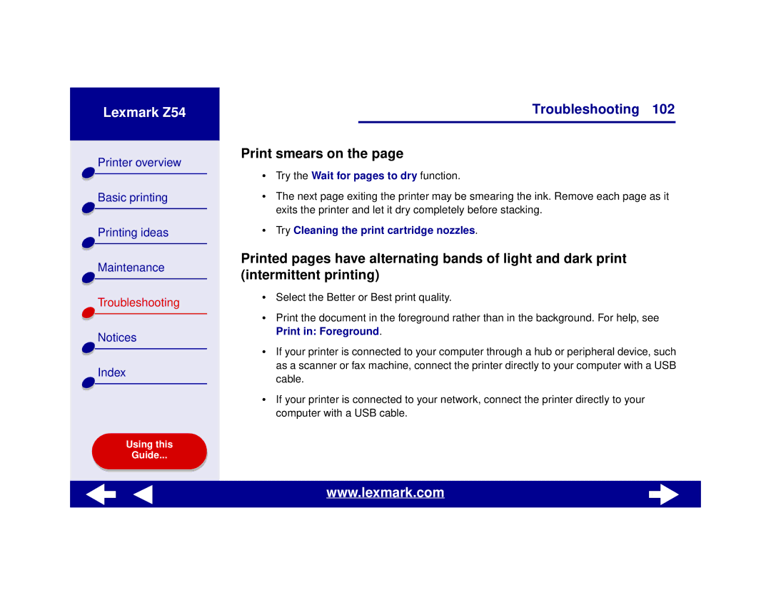 Lexmark Z54 manual Print smears on, Try the Wait for pages to dry function 