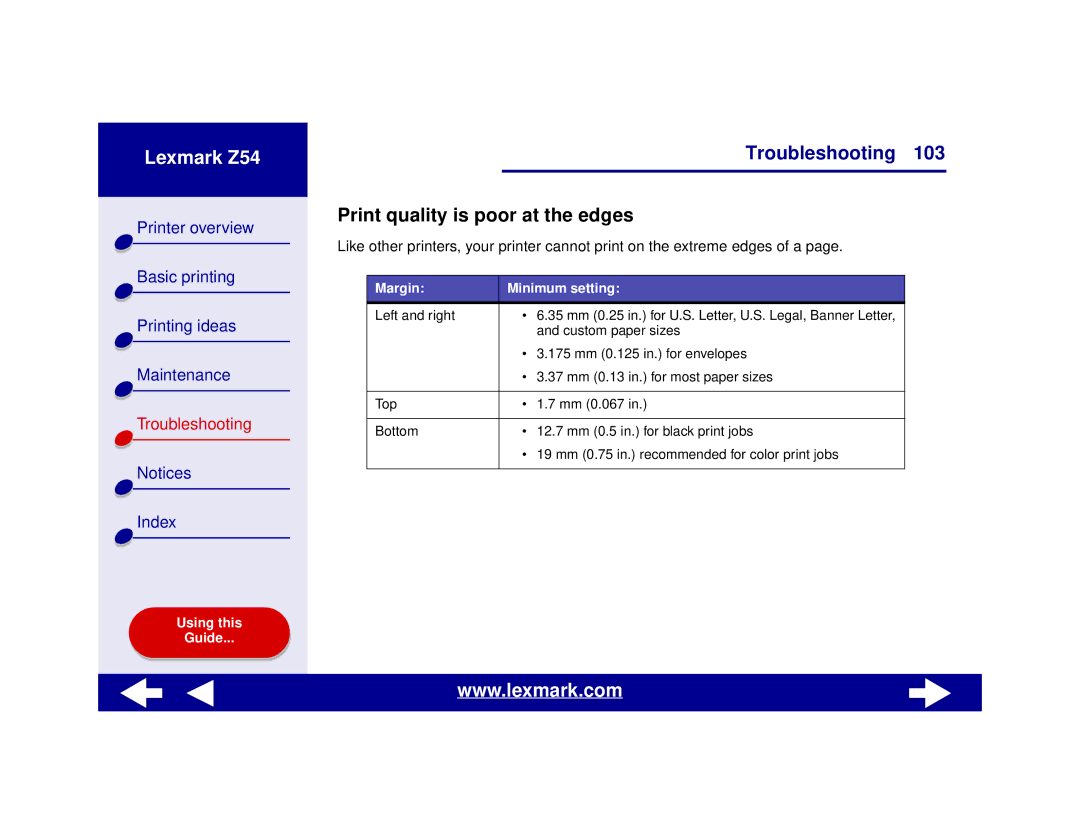 Lexmark Z54 manual Print quality is poor at the edges, Margin Minimum setting 