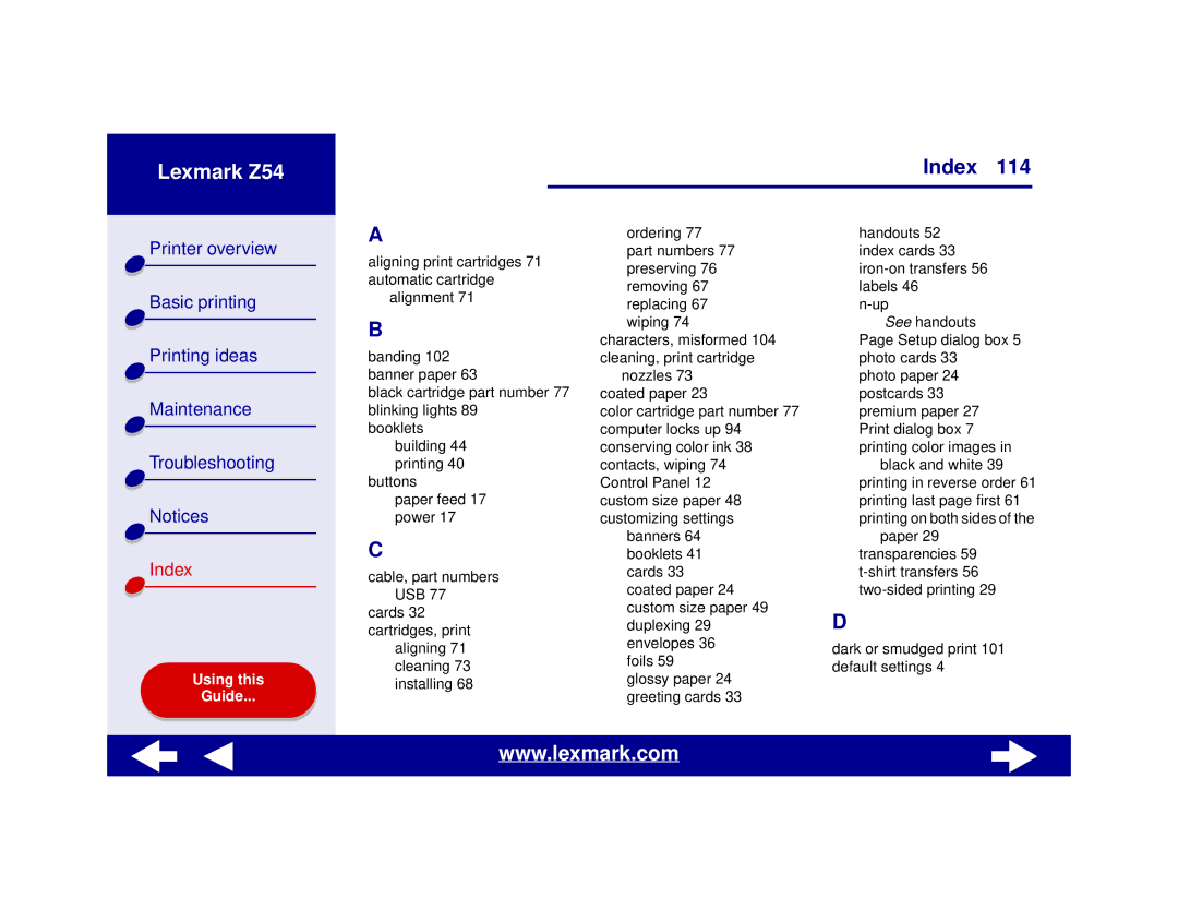 Lexmark Z54 manual Index 