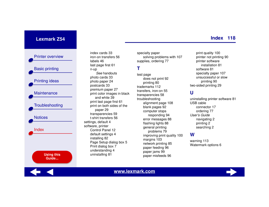 Lexmark Z54 manual User’s Guide navigating 2 printing 2 searching 