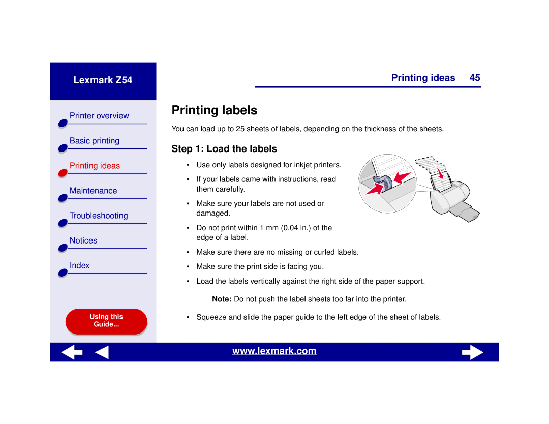 Lexmark Z54 manual Printing labels, Load the labels 