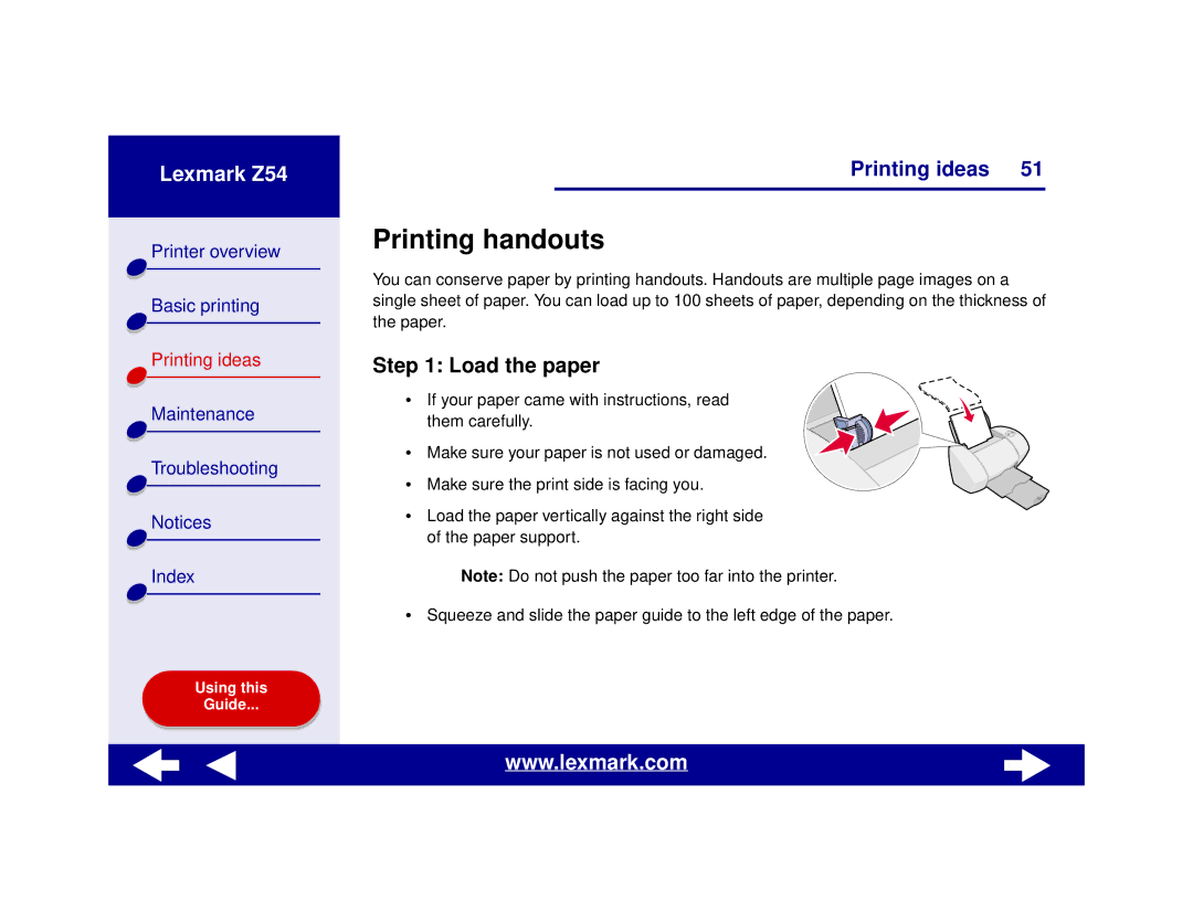 Lexmark Z54 manual Printing handouts, Load the paper 