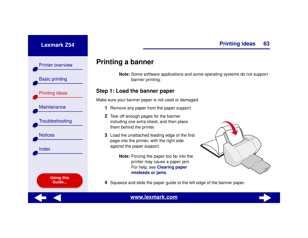 Lexmark Z54 manual Printing a banner, Load the banner paper 