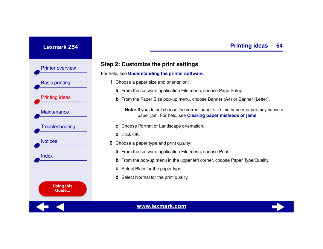 Lexmark Z54 manual Customize the print settings 