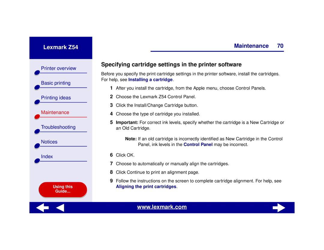 Lexmark Z54 manual Specifying cartridge settings in the printer software 