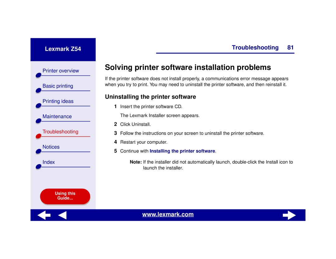 Lexmark Z54 manual Solving printer software installation problems, Uninstalling the printer software 