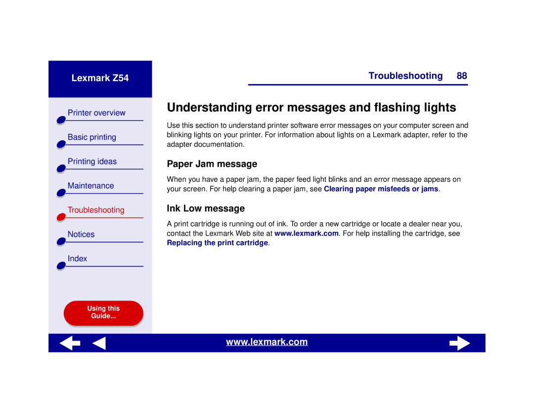 Lexmark Z54 manual Understanding error messages and flashing lights, Paper Jam message, Ink Low message 