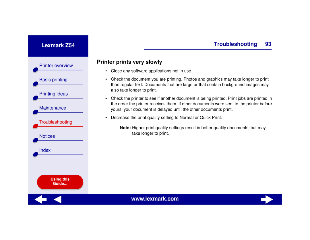 Lexmark Z54 manual Printer prints very slowly 