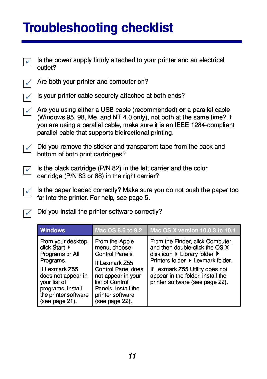 Lexmark Z55 manual Troubleshooting checklist 
