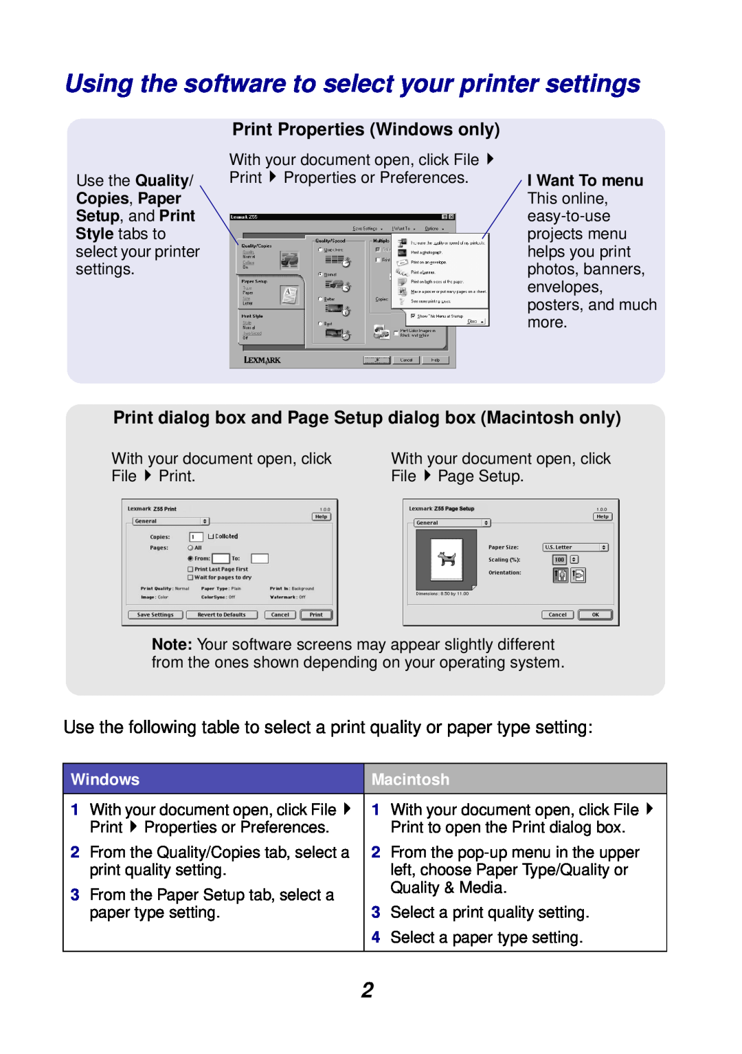Lexmark Z55 manual Print Properties Windows only, Macintosh 